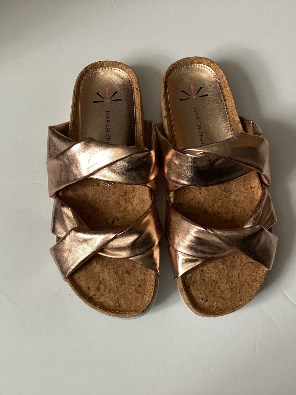 Isaac Mizrahi Metallic Rose Gold Cork Slide Sandals - Twisted Straps Size 7